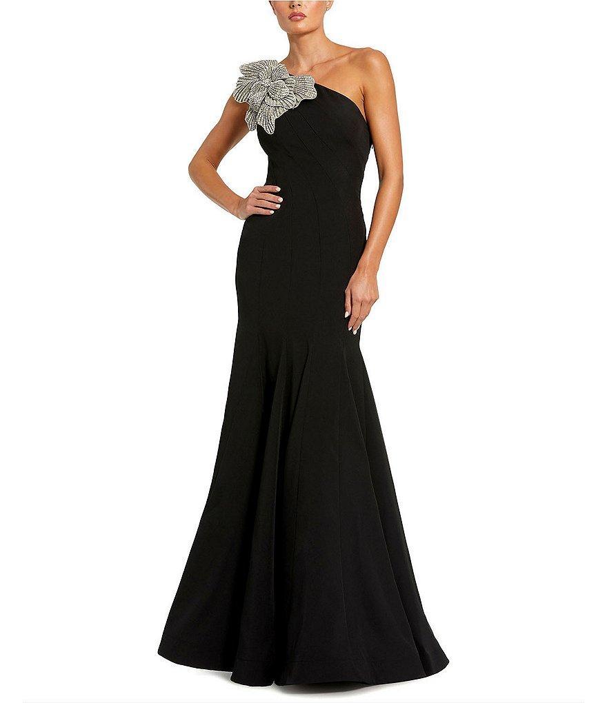 Mac Duggal Crepe One Shoulder Sleeveless Flower Applique Gown Product Image