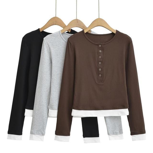 Long Sleeve Henley Neck Mock Two Piece T-Shirt Product Image