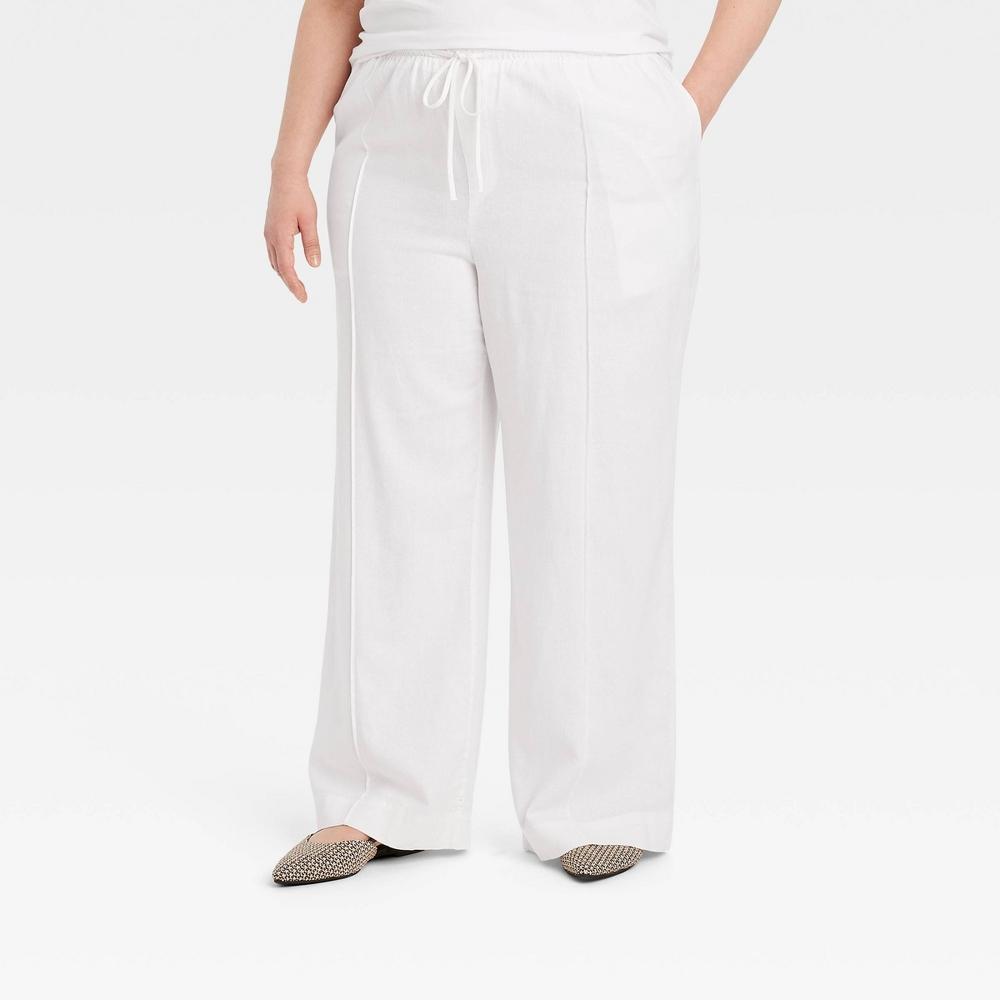 Womens High-Rise Wide Leg Linen Pull-On Pants - A New Day White 4X Product Image