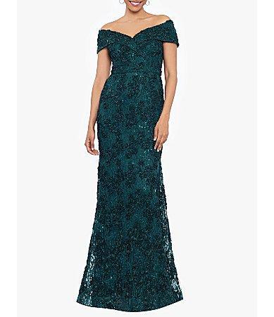 Xscape Embroidered Off-the-Shoulder Short Sleeve Lace A-line Gown Product Image