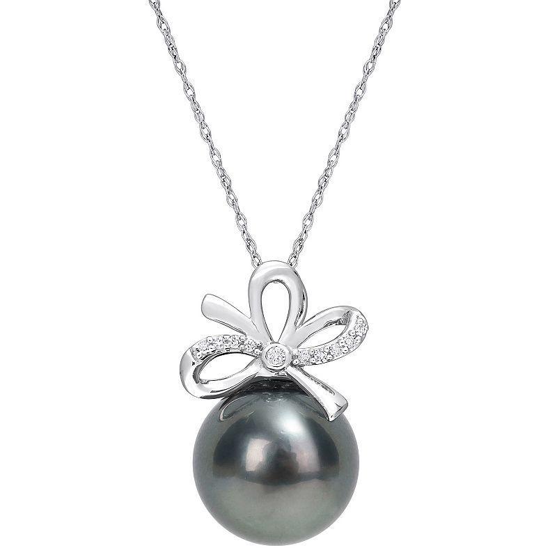 Stella Grace 14k White Gold Tahitian Cultured Pearl & Diamond Accent Bow Pendant Necklace, Womens Black Product Image