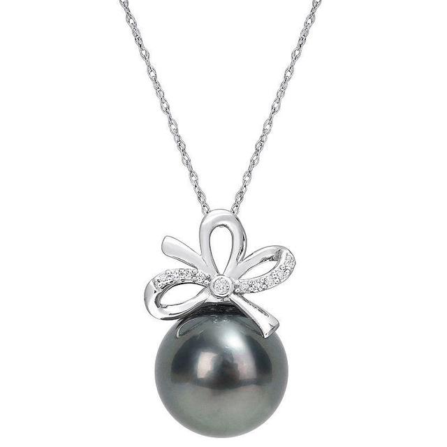 Stella Grace 14k White Gold Tahitian Cultured Pearl & Diamond Accent Bow Pendant Necklace, Womens Black Product Image