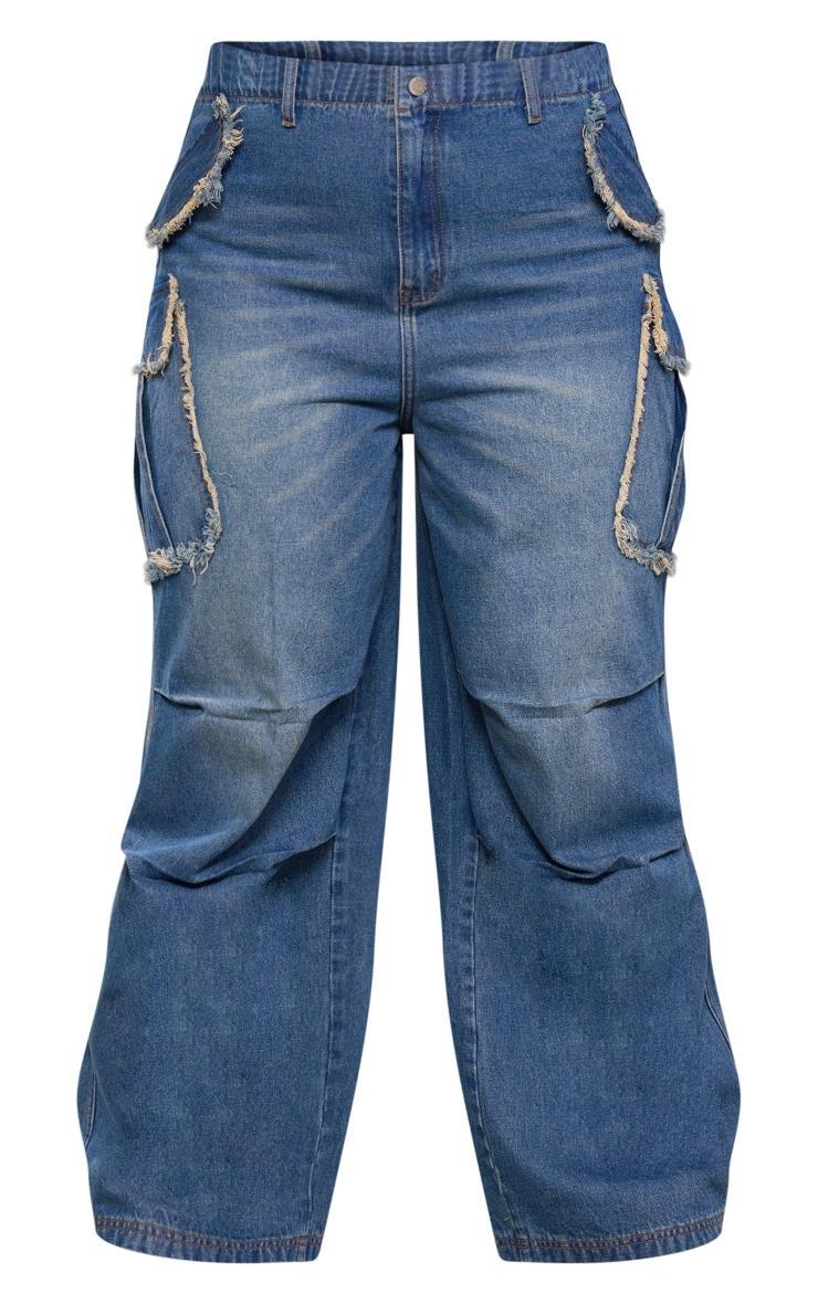 Plus Indigo Blue Wash Frayed Pocket Detail Wide Cargo Leg Jeans Product Image