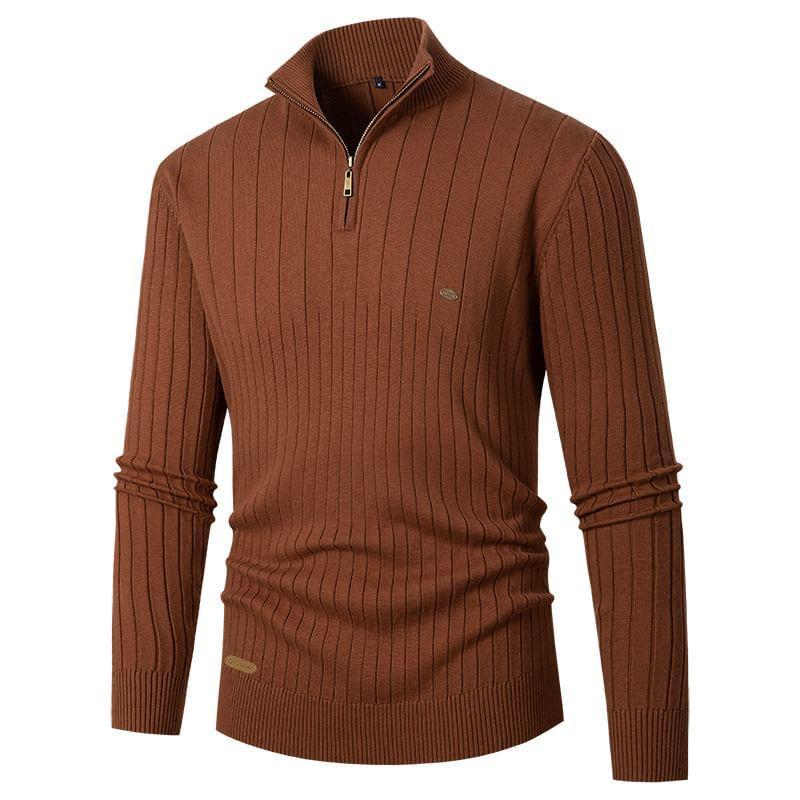 Long-Sleeve Half-Zip Neck Plain Ribbed Sweater Product Image