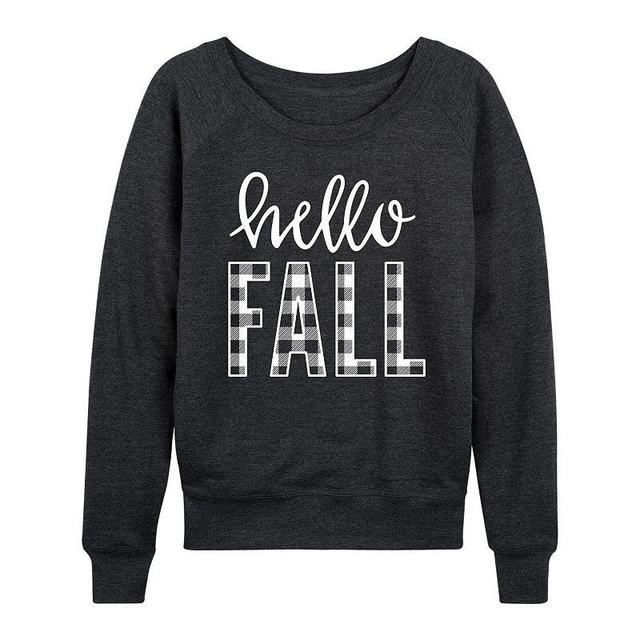 Womens Hello Fall Plaid Slouchy Graphic Sweatshirt, Girls Heather Grey Product Image