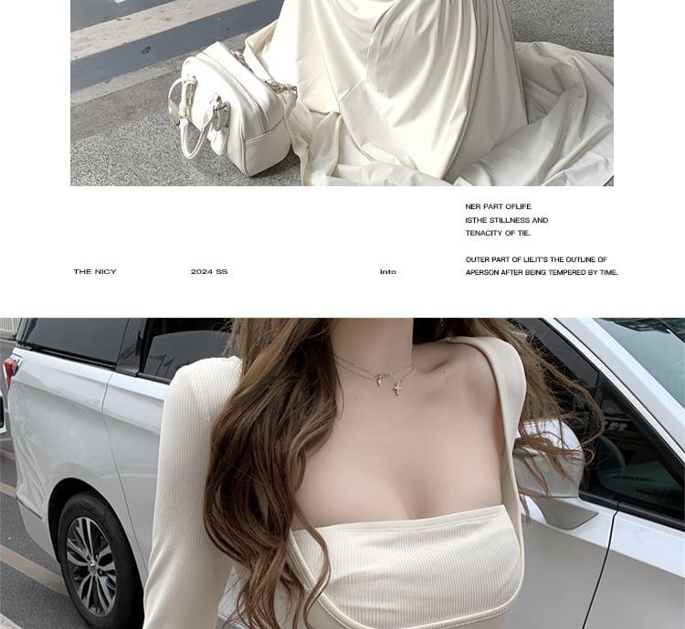 Long Sleeve Square Neck Plain Mock Two Piece Gathered Panel Maxi A-Line Dress Product Image