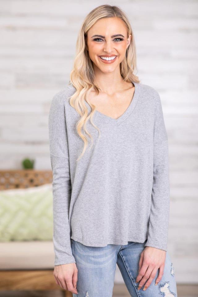 Grey V-Neck Long Sleeve Top Product Image