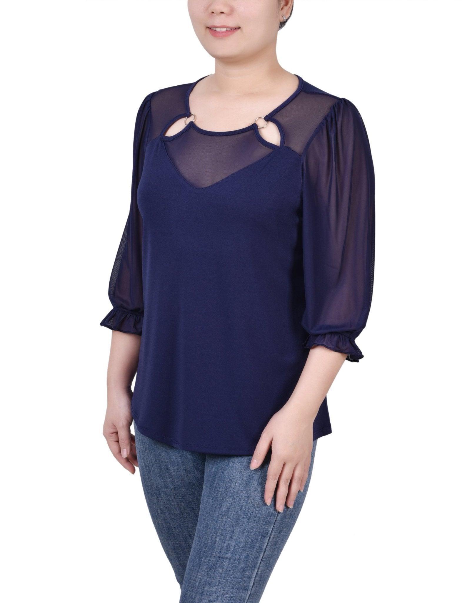 3/4 Length Sleeve Ringed Top With Mesh - Petite Product Image