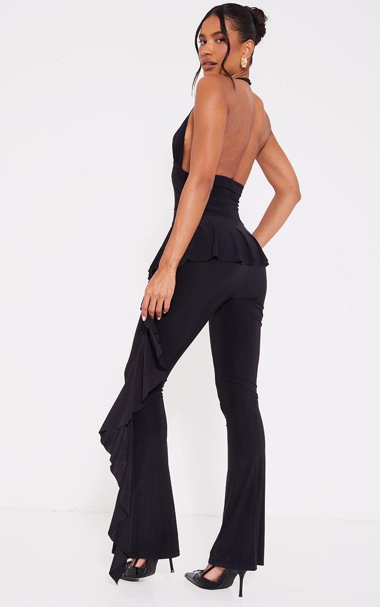 Black Slinky Plunge Frill Drape Jumpsuit Product Image