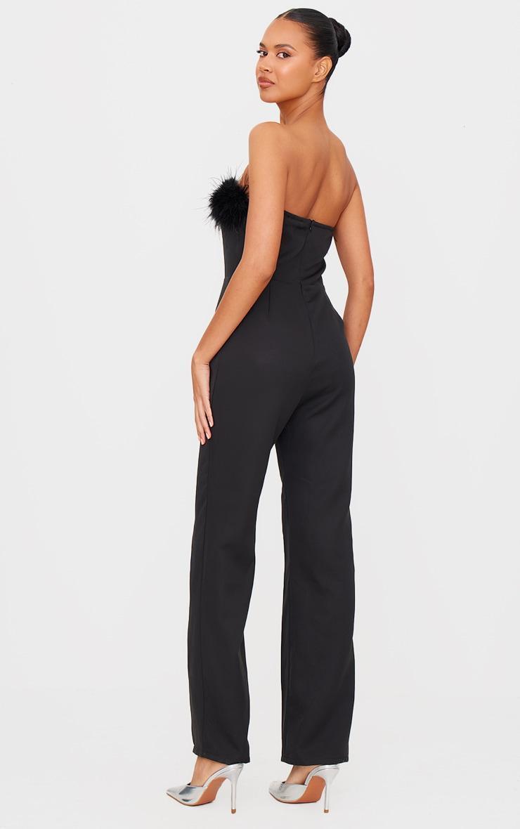 Black Faux Fur Bandeau Straight Leg Jumpsuit Product Image