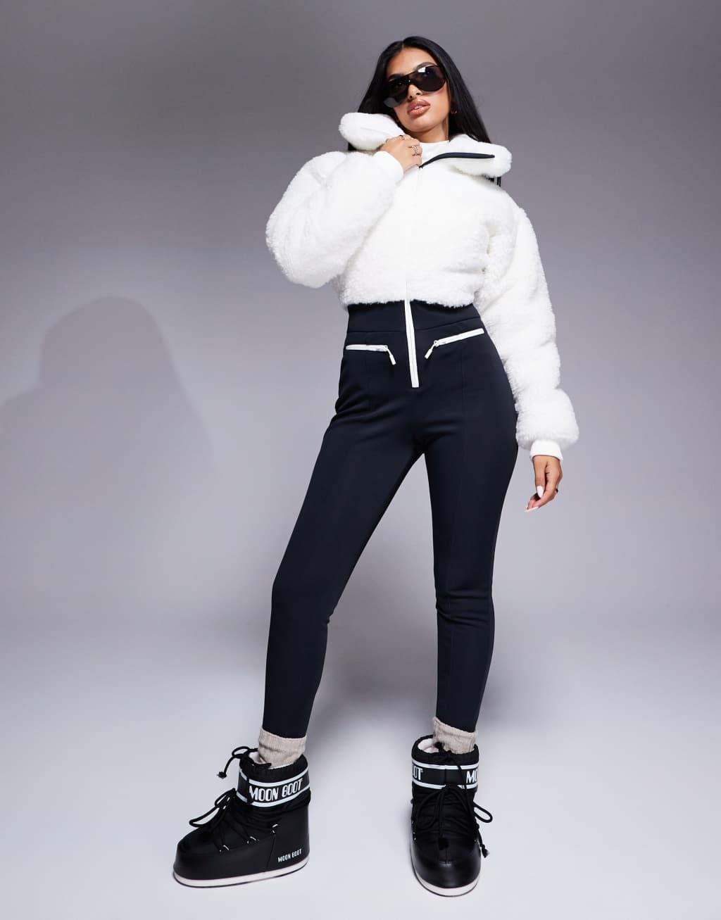 ASOS 4505 Ski suit with faux fur panels and skinny leg in black and white Product Image