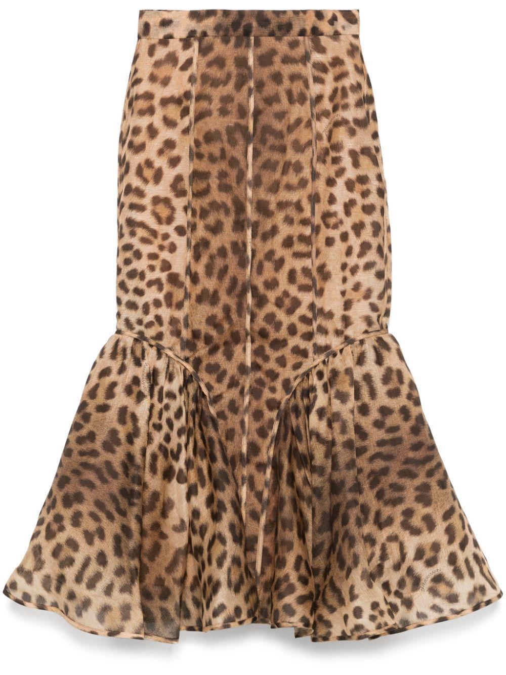 ZIMMERMANN Crush Flared Animal-print Linen-silk Midi Skirt In Brown Product Image