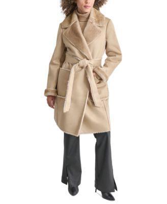 Women's Belted Notched-Collar Faux-Shearling Coat, Created for Macy's Product Image