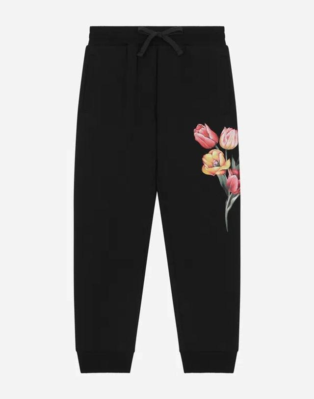 DOLCE & GABBANA Jersey Jogging Pants With Branded Tag And Floral Detailing In Blue Product Image