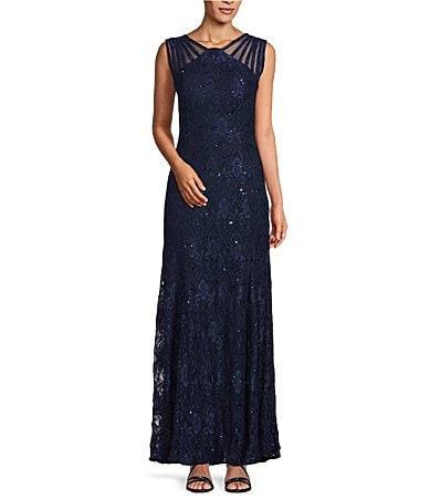 R  M Richards Illusion Shoulder High V-Neck Sleeveless Lace Sheath Gown Product Image