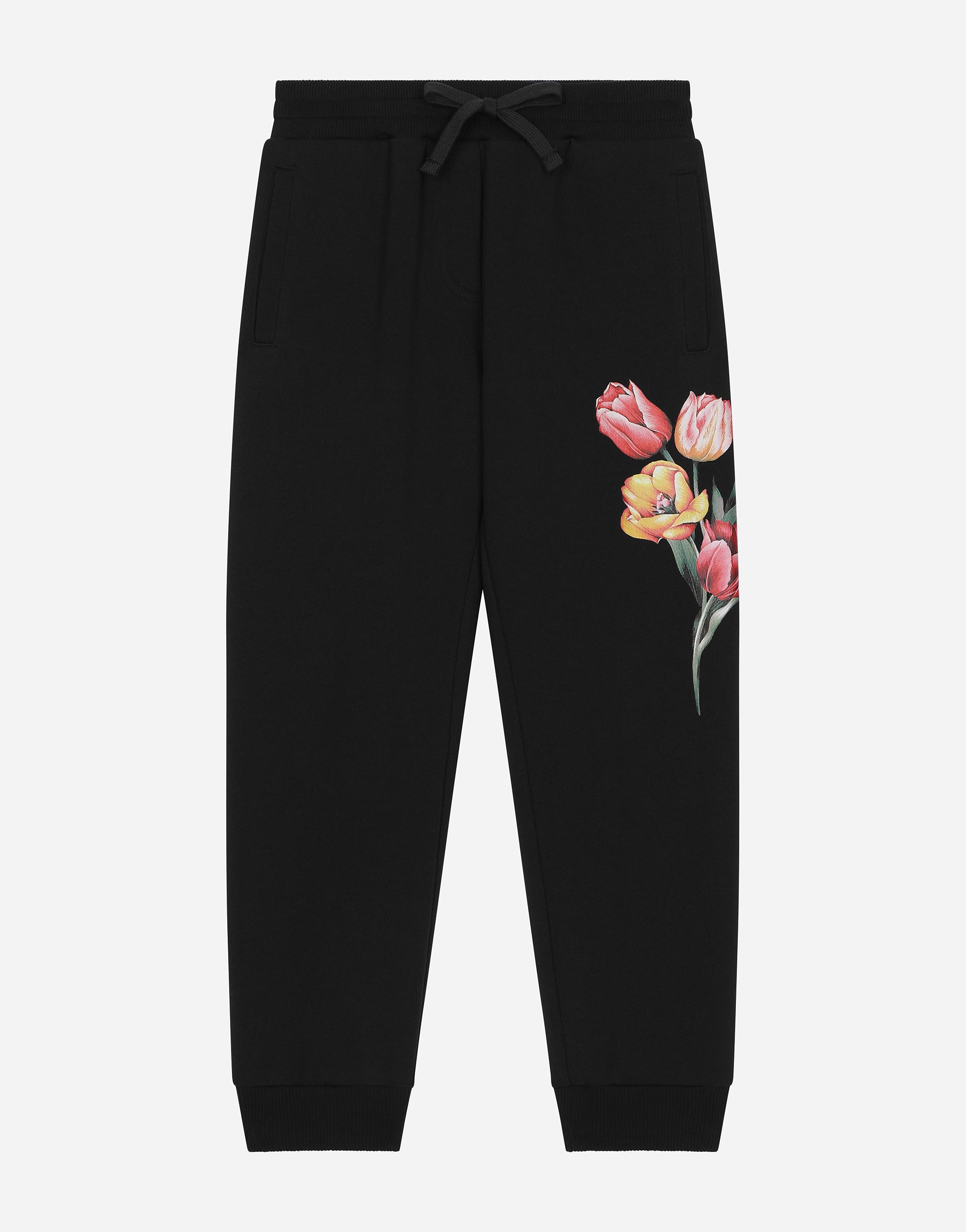 DOLCE & GABBANA Jersey Jogging Pants With Branded Tag And Floral Detailing In Blue Product Image