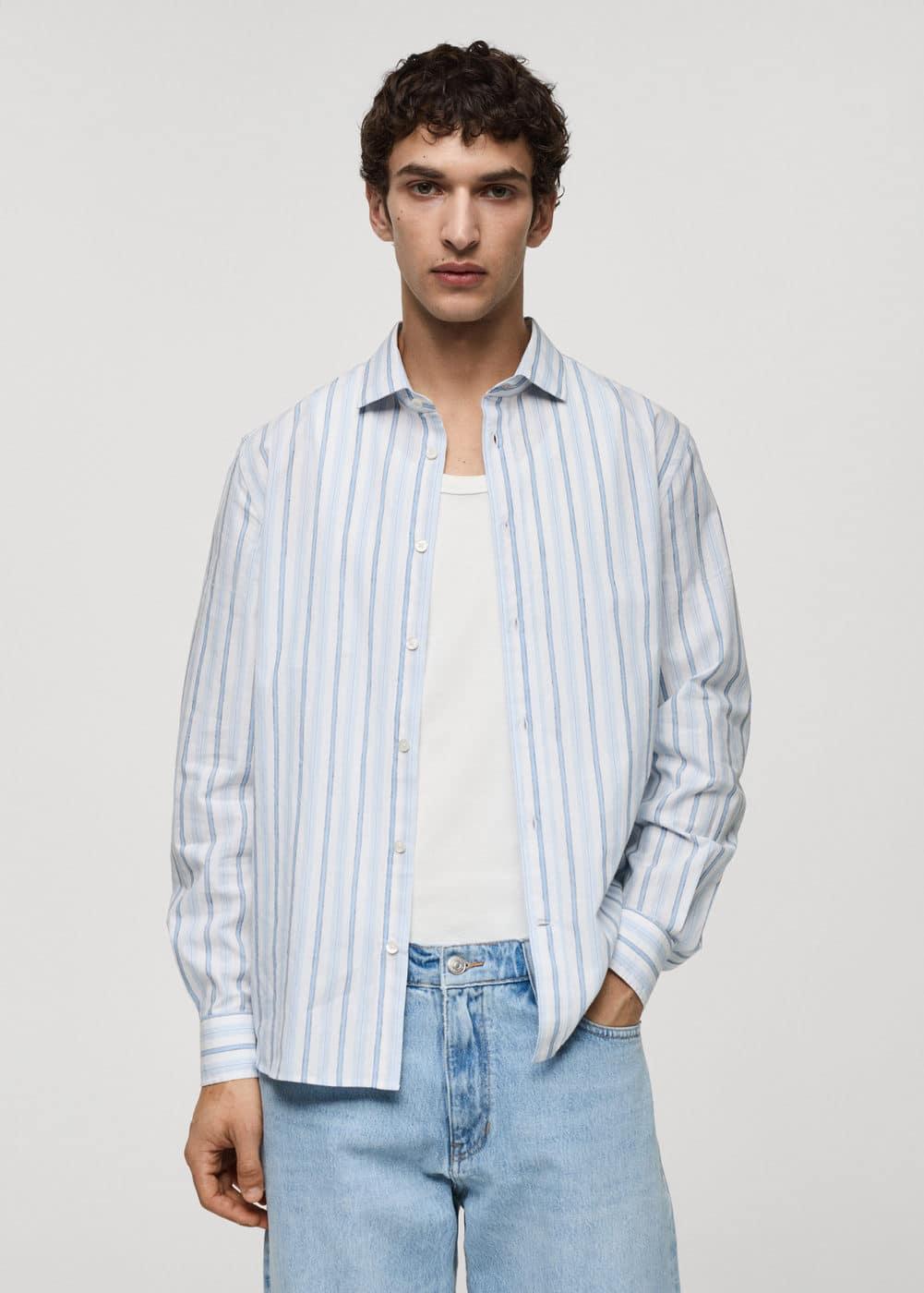 MANGO MAN - Classic fit cotton linen rustic striped shirt off whiteMen Product Image