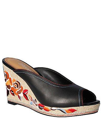 J. Renee Haleesi Leather Floral Embroidered Wedge Peep Toe Slides Product Image