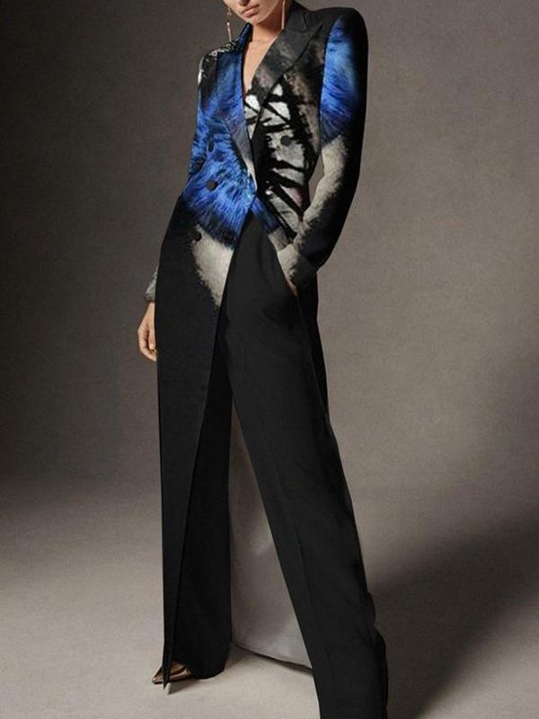 Long Sleeves Loose Asymmetric Floral Printed Split-Joint Lapel Blazer Outerwear Product Image