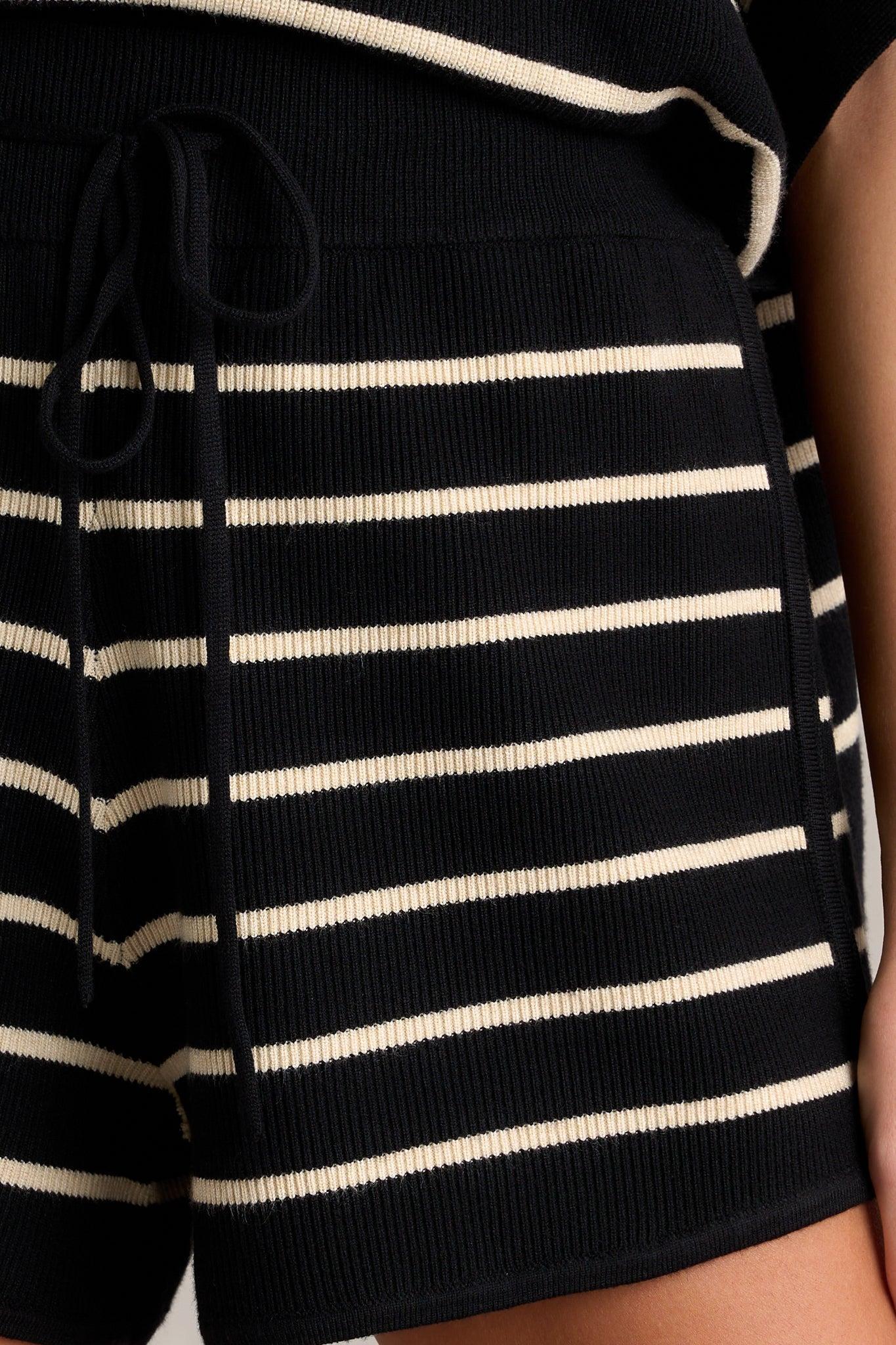 Cozy Chalet Black Stripe Drawstring Knit Shorts Product Image