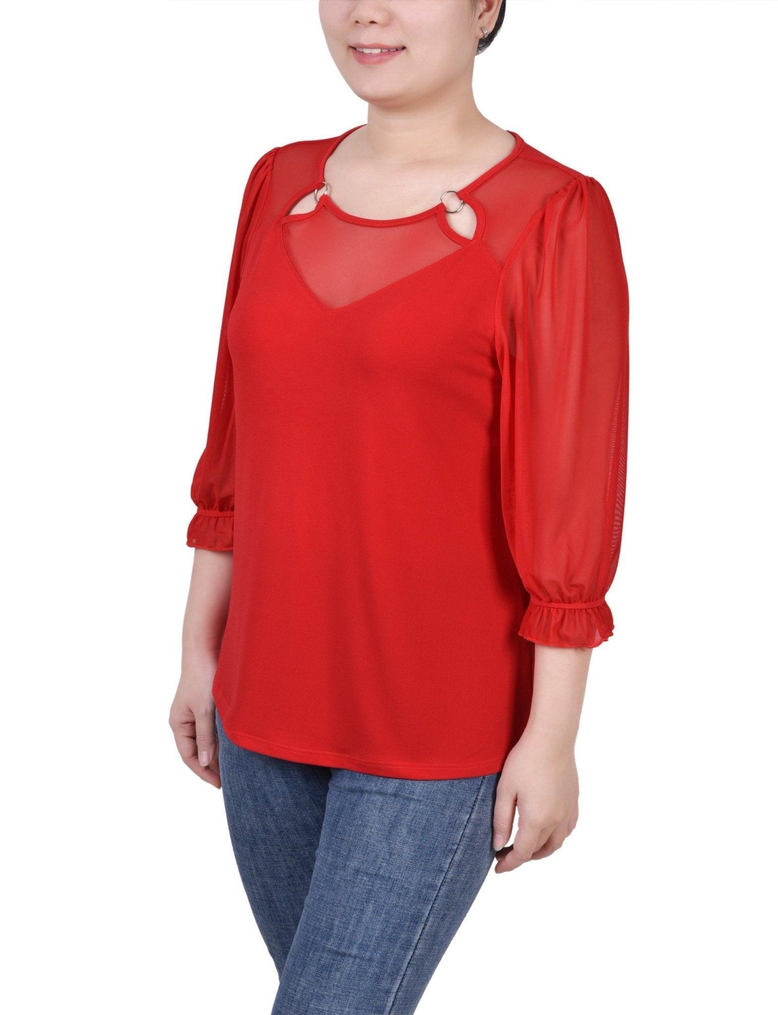 3/4 Length Sleeve Ringed Top With Mesh - Petite Product Image