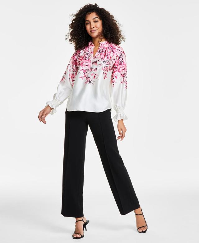 Anne Klein Womens Ruffled-Neck Floral-Print Top, Created for Macys - Anne White Product Image