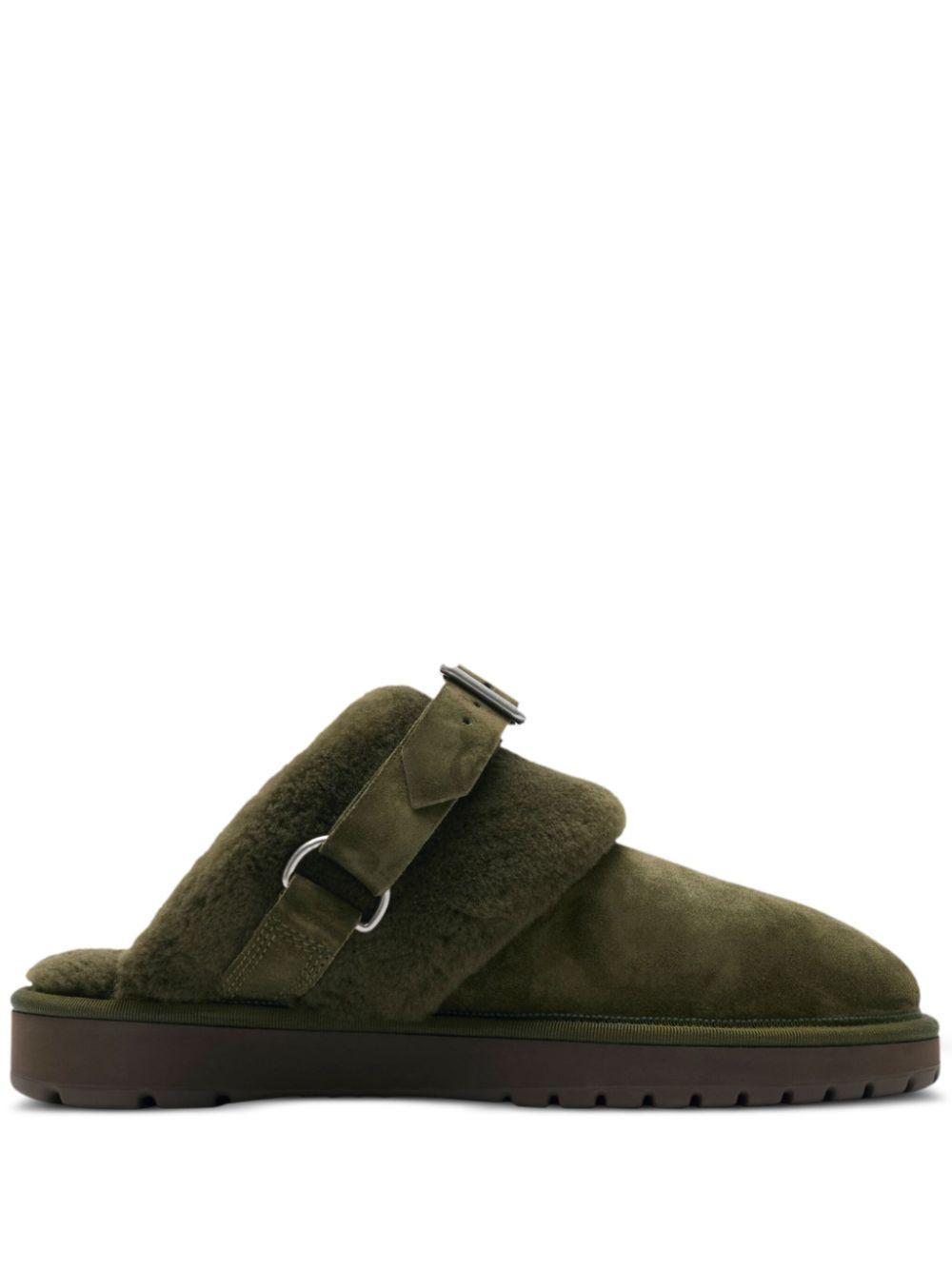 BURBERRY Suede And Shearling Chubby Mules In Green Product Image