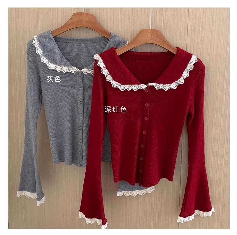 Long-Sleeve Collar Ribbed Lace Trim Button Knit Top Product Image