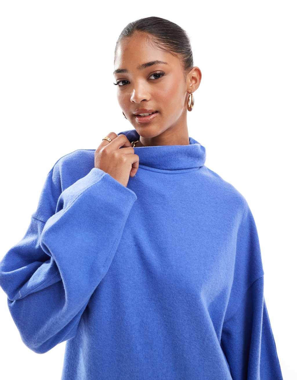 ASOS DESIGN supersoft cocoon sleeve funnel neck mini dress in blue Product Image