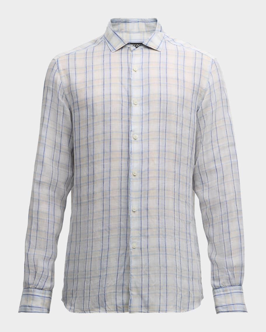 Men's Linen Check Casual Button-Down Shirt Product Image