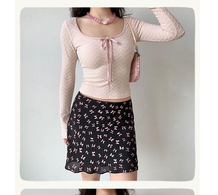 Long-Sleeve Square Neck Lace Crop Top Product Image