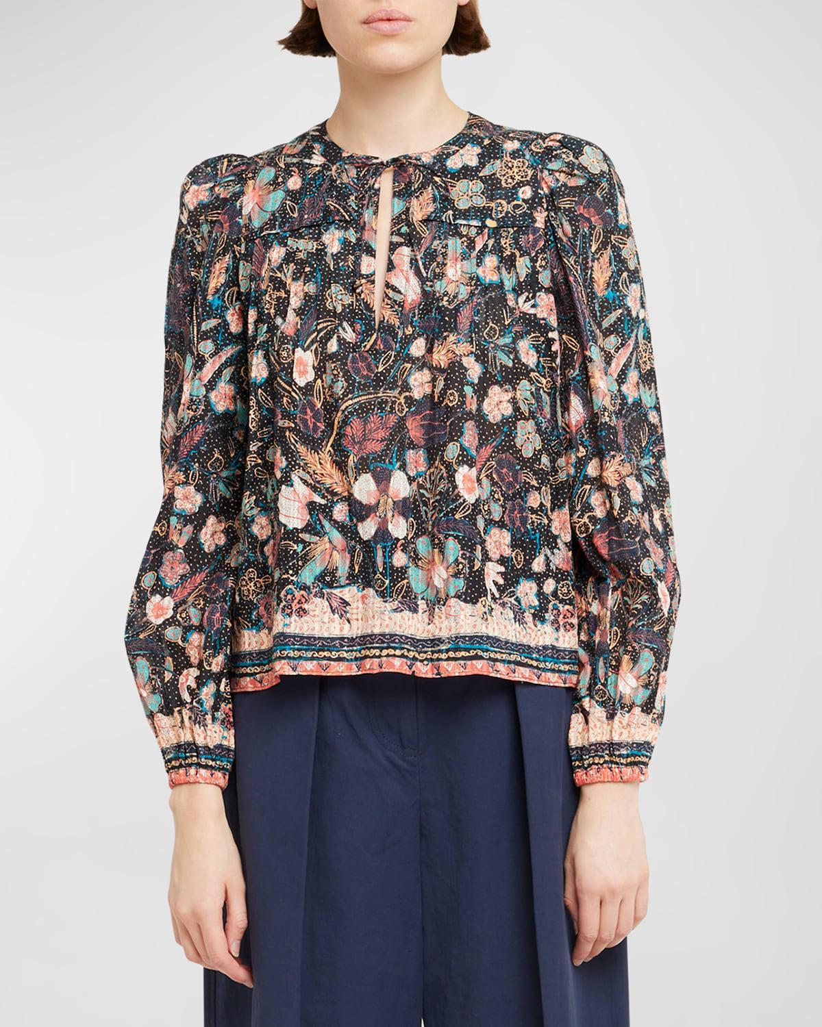 Andi Floral-Print Pintuck Keyhole Blouse Product Image