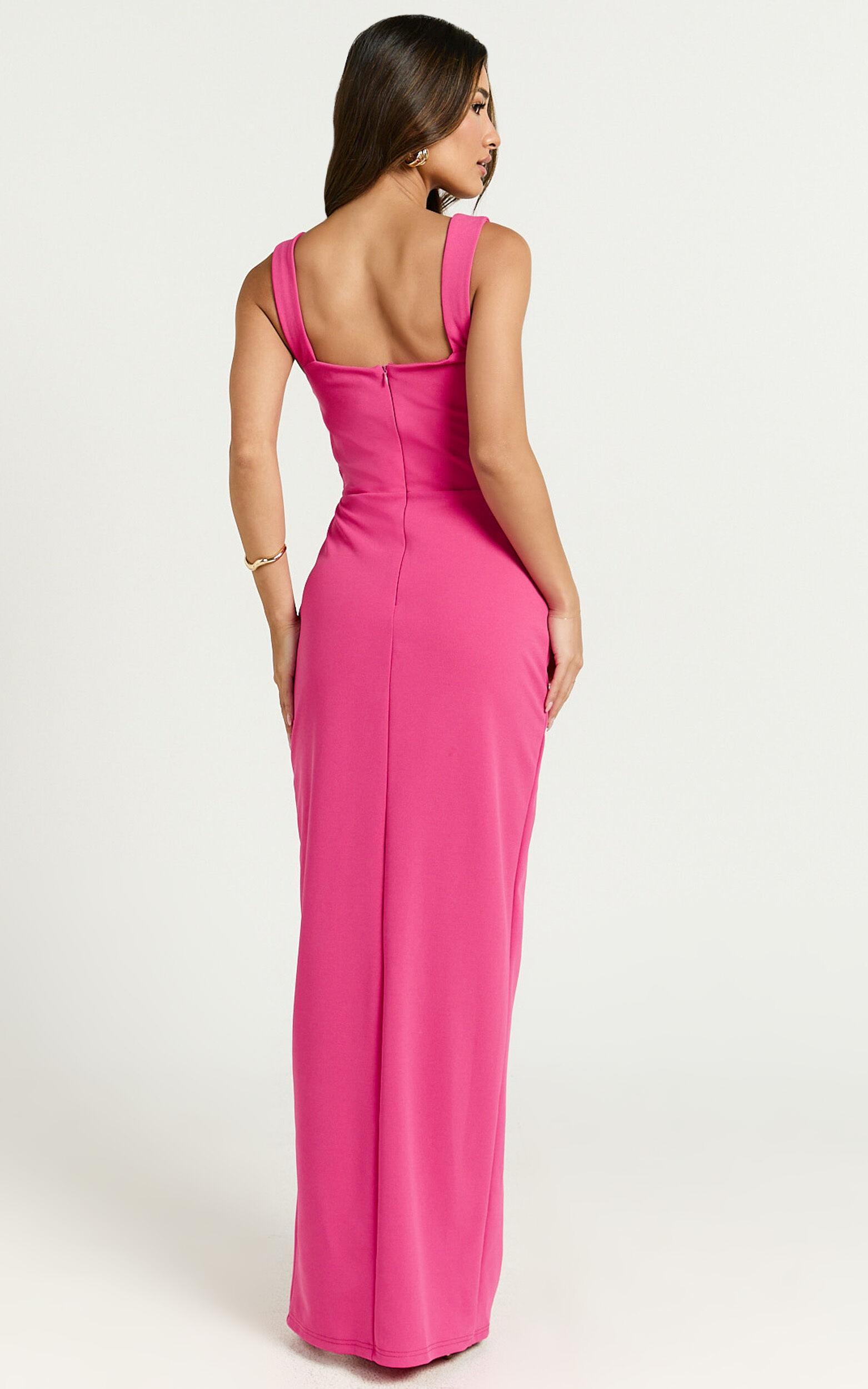 Donna Maxi Dress - Cowl Neck Column High Split Dress in Hot Pink Product Image