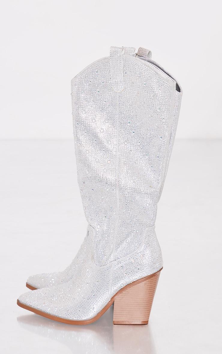 Silver Point Toe Diamante Knee High Western Boots Product Image