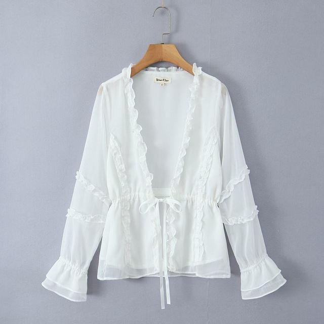 V-Neck Frill Trim Open Front Light Jacket Product Image