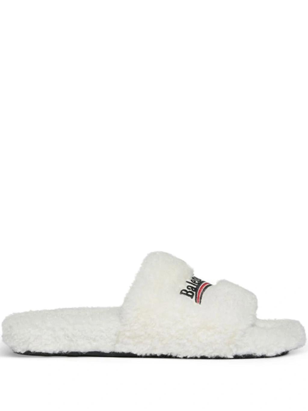 BALENCIAGA Furry Logo Embroidery Slides In White Product Image