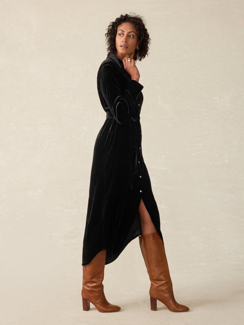 Stretch Silk Velvet Riley Midi Dress - Black Product Image