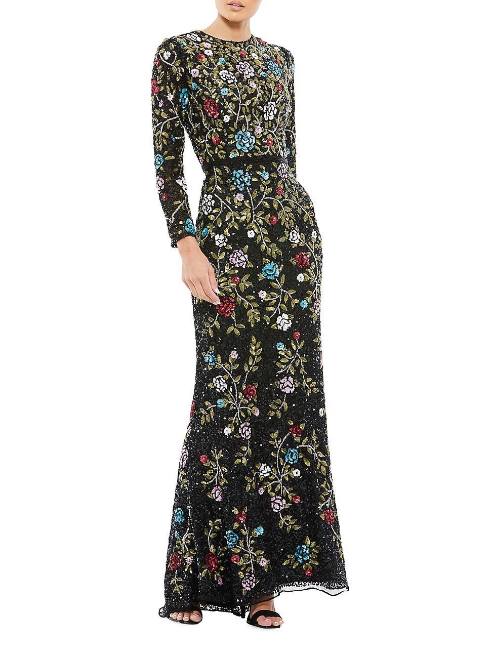 Womens Long-Sleeve Floral Embellished Gown Product Image