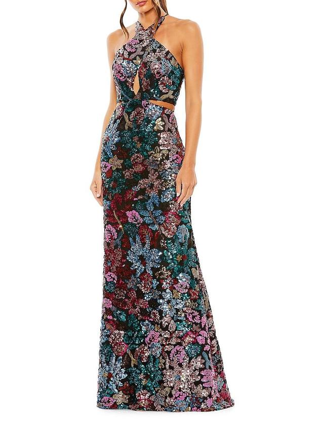 Womens Floral Sequined Cut-Out Halter Gown Product Image