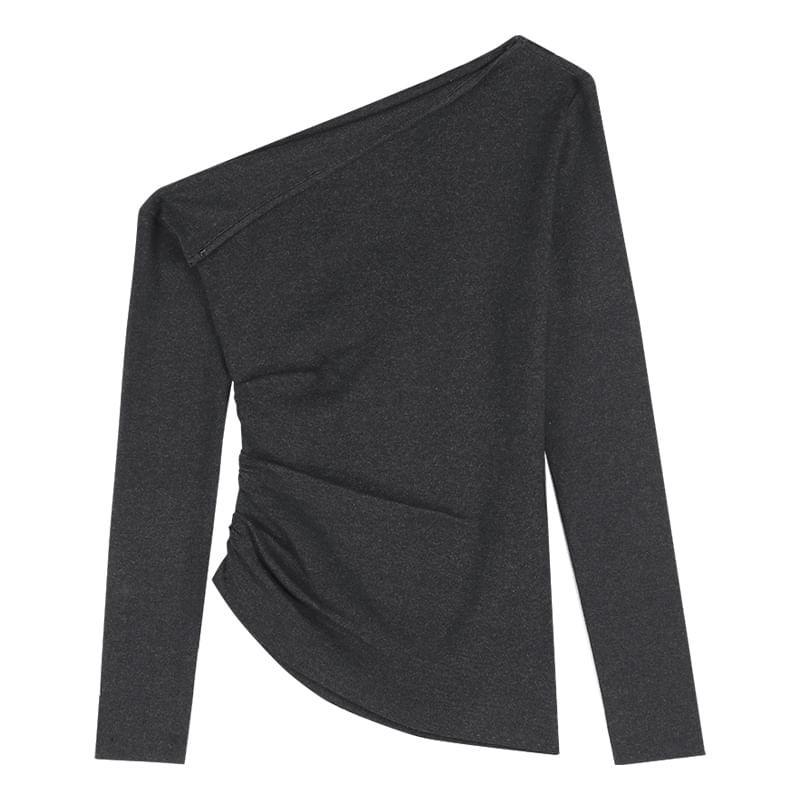 Long-Sleeve One-Shoulder Plain Knit Top Product Image