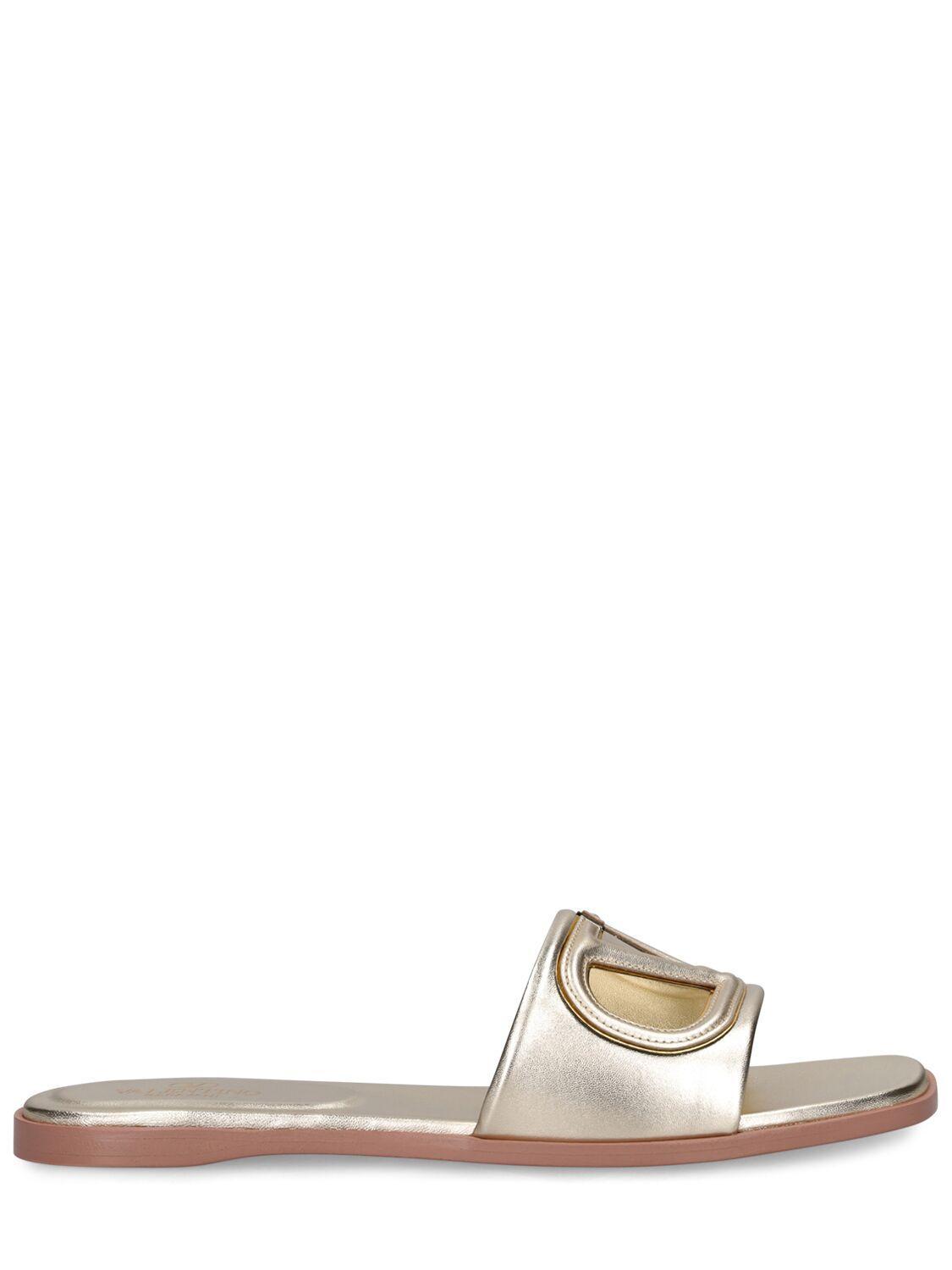 VALENTINO GARAVANI Gold Vlogo Cutout Laminated Nappa Leather Sandals In Platinum Antique Brass Product Image