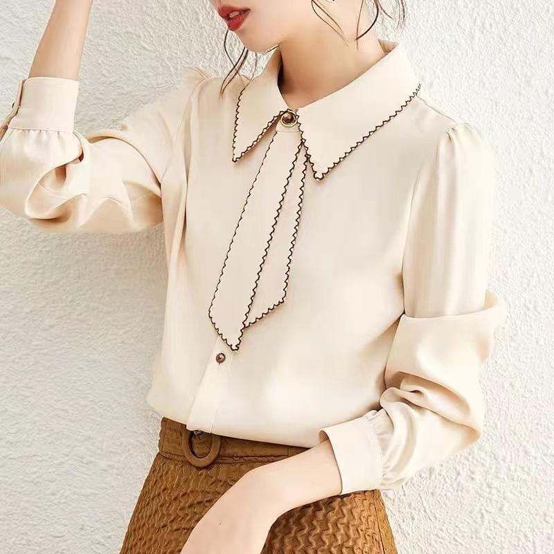 Long-Sleeve Ribbon Neck Plain Shirt Product Image