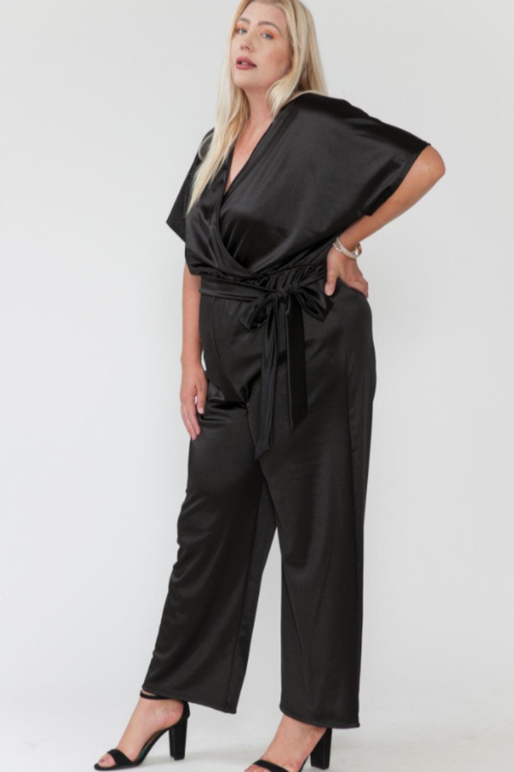 Plus Size Over Lap V Neck Waist Tie Wide Fit Jumpsuit Product Image