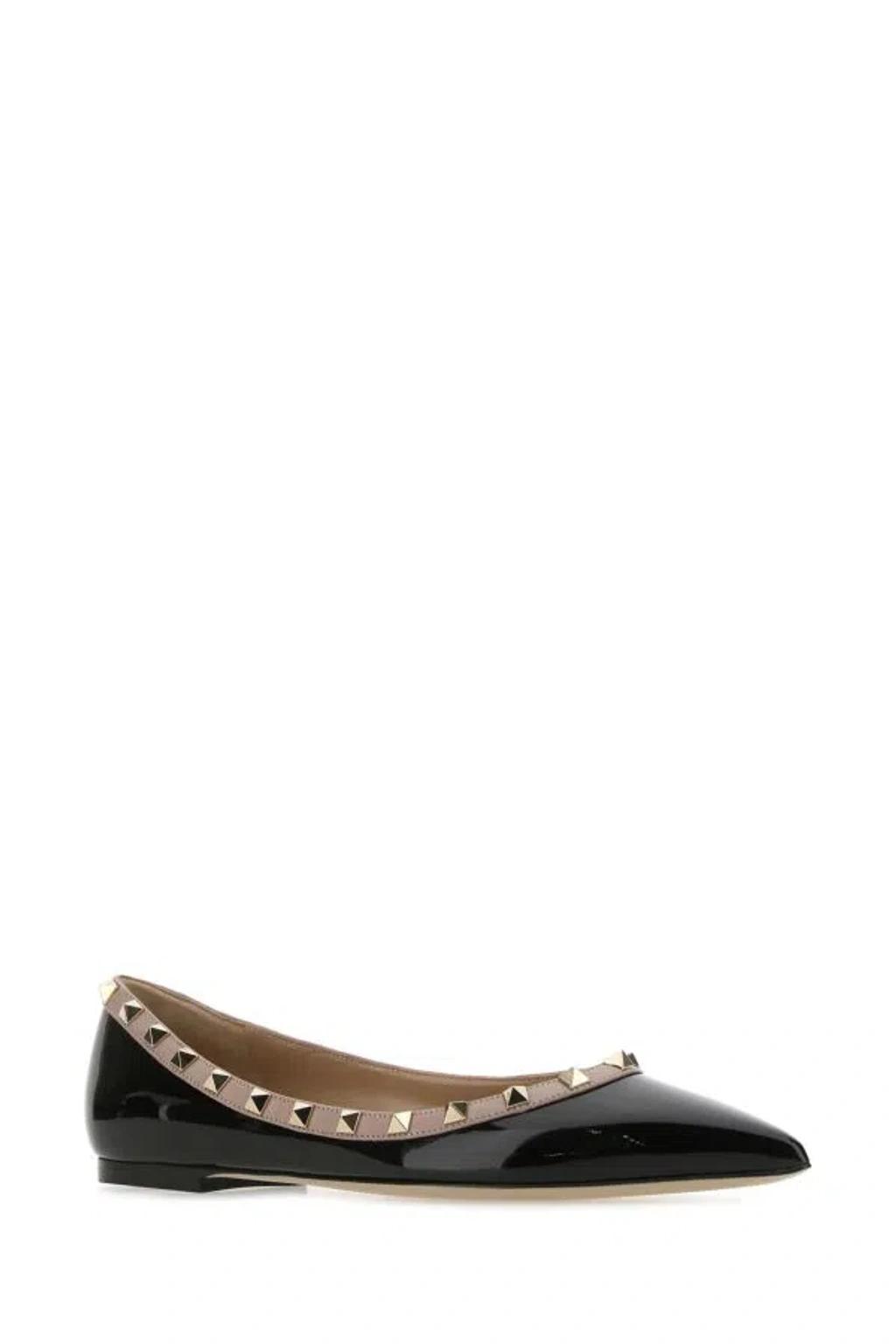 Woman Black Leather Rockstud Ballerinas Product Image