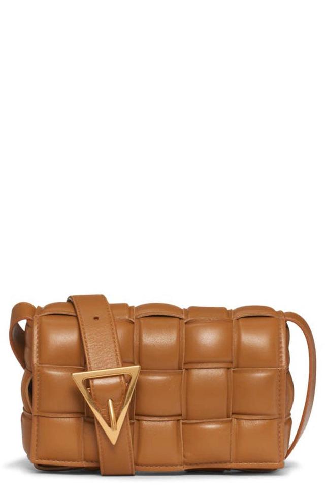 BOTTEGA VENETA Mini Padded Cassette Intrecciato Leather Crossbody Bag In Camel And Gold Product Image