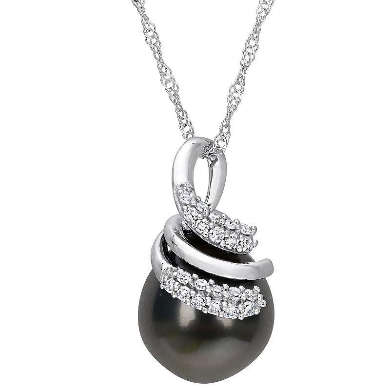 Stella Grace 14k White Gold Tahitian Cultured Pearl & 1/10 Carat T.W. Diamond Swirl Pendant Necklace, Womens Black Product Image