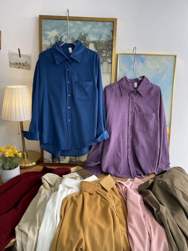 Long-Sleeve Plain Button-Up Shirt Product Image