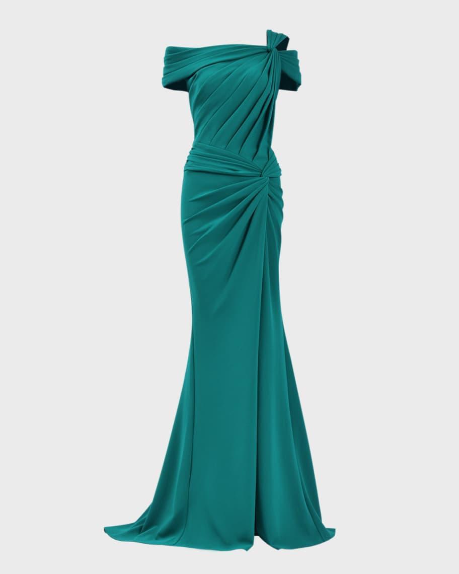 Pleated Cold-Shoulder Crepe Gown Product Image