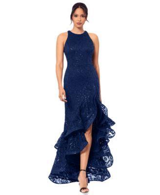 Betsy & Adam Womens Sequined Lace Ruffle-Hem Gown Product Image