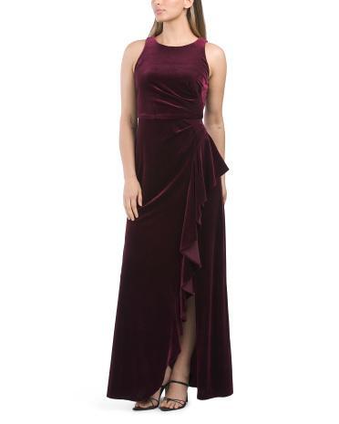 Sleeveless Velvet Gown With Cascading Ruffle for Women Product Image